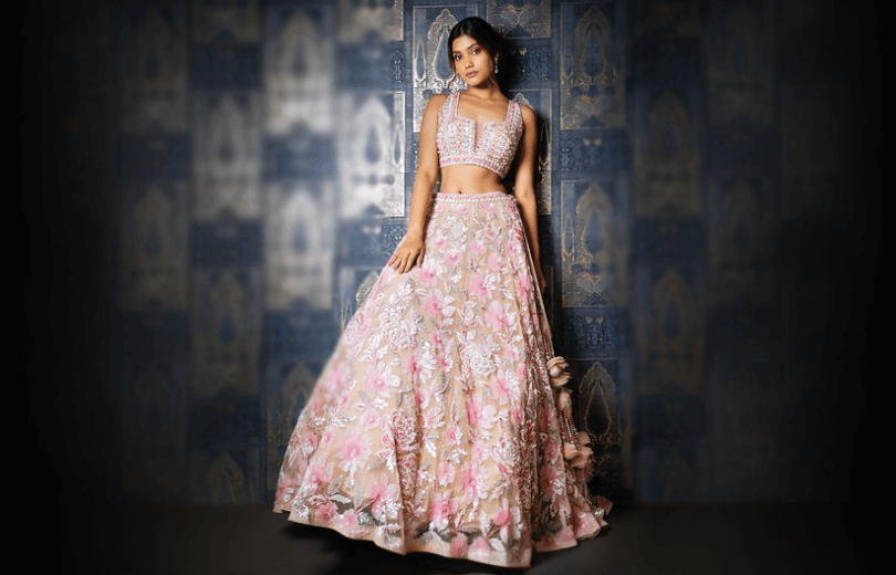 pink designer lehenga with floral print