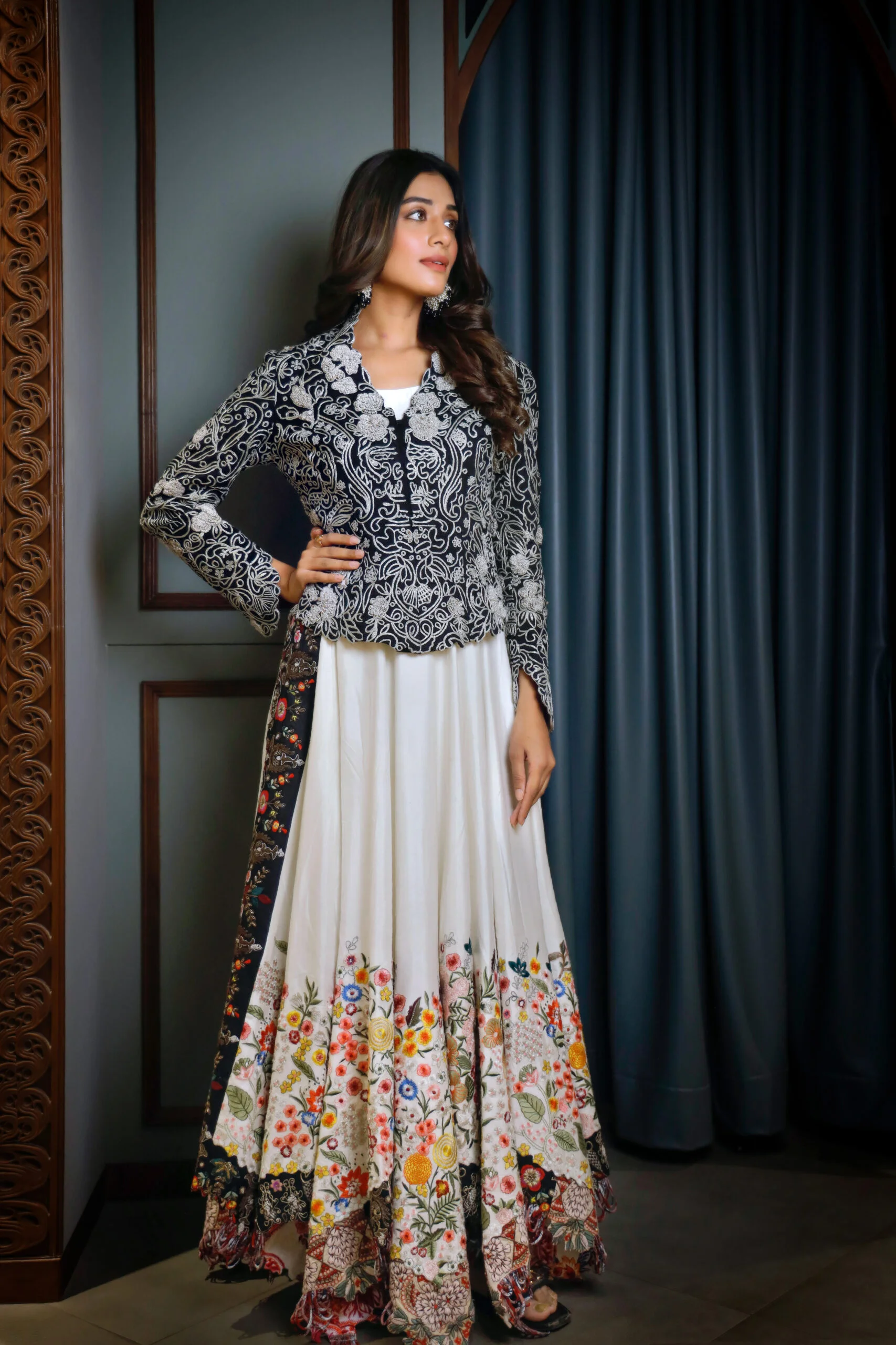 white and black embroidered lehenga
